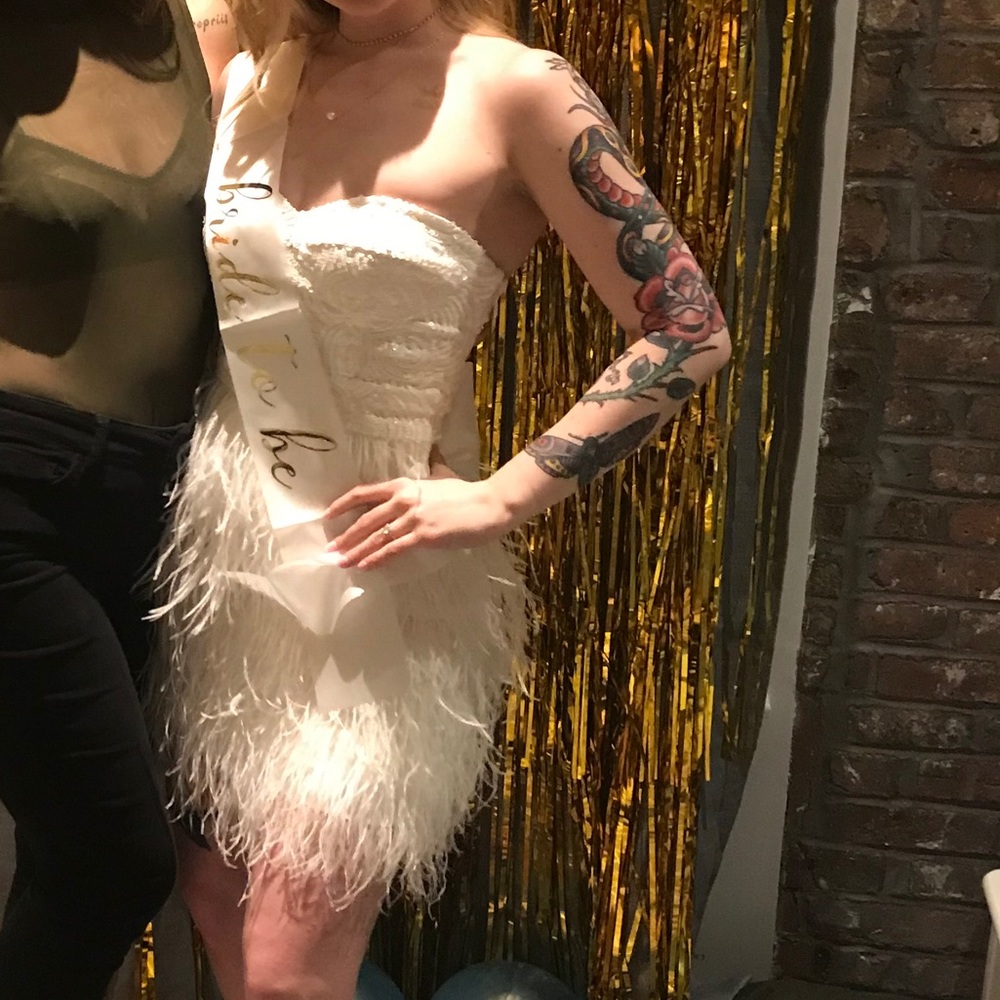 white bebe "ISIS SEQUIN" feather dress size small